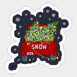 Decorated Christmas Trees on Red Old Truck Snowing Sticker